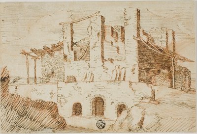 Ruínas com galpão de fazenda de Unknown artist