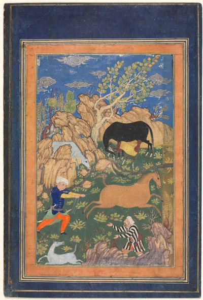 Rustam Lassoing seu cavalo, Rakhsh, em uma paisagem (reto) de Unknown artist