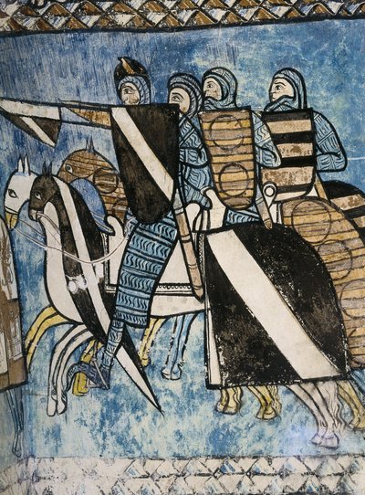 ESPANHA. CASTELA E LEÃO. Valladolid. Mosteiro de São Bernardo de Valbuena. Exército castelhano, grupo de soldados cristãos a cavalo. Pintura em fresco do século XIV sobre "A Reconquista". Arte Gótica de Unknown artist