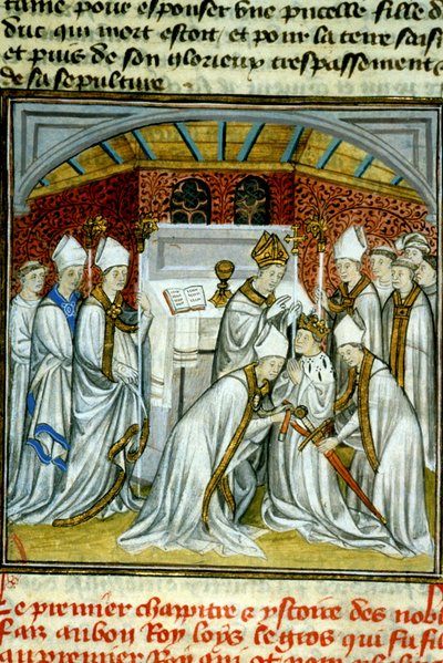 Sagrado de Luís VI (1108) - Iluminação de manuscrito sobre velino da Idade Média "Grandes Crónicas de Saint-Denis" finais do século XIV (ref.512 de Unknown artist