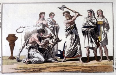 Sacrifício de um touro entre os celtas. Gravura do século XIX. de Unknown artist