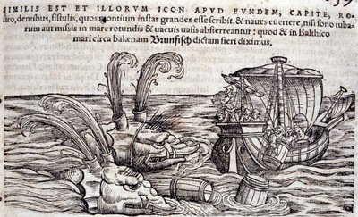 Marinheiros jogam barris no mar para distrair monstros em perseguição. Gravura em "Historia Animalium" de Conrad Gesner (1516-1565), Tiguri de Unknown artist