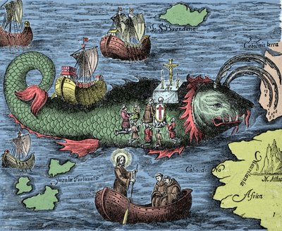 São Brendan (Brandan), herói e santo irlandês do século VI, representa a celebração da missa nas costas da baleia gigante Jasconius. Diz a lenda que seu barco foi carregado no dorso de uma baleia. Gravura colorida de "Nova Tipus Transacto Navigatio N de Unknown artist