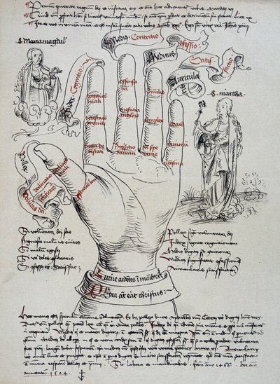 Santa Brigitte, com seus dons de visionária, é invocada para conhecer a data da morte de uma pessoa, lendo as linhas da mão. Santa Maria Madalena e Marta aparecem de cada lado da mão. de Unknown artist