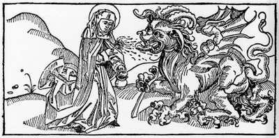 Santa Marta e o Tarasco - Gravura de "Leben der Heiligen - sommerteil" (O livro do santo) de Jacobus (Tiago) de Voragine (1228-1298). Lubeck 1488. de Unknown artist