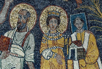 São Paulo, Santa Cécile e São Pascal Detalhe de Cristo e seis santos. Mosaico anónimo, 821. Basílica de Roma de Santa Cecília em Trastevere. de Unknown artist