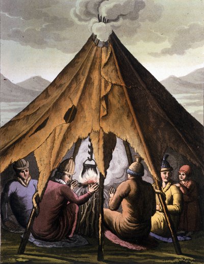 Povo Sami: povos indígenas que vivem nas terras dos países do norte (Noruega, Finlândia, Suécia e Rússia) reagrupam-se em torno de um incêndio debaixo de uma tenda. Gravura do século XIX de Unknown artist
