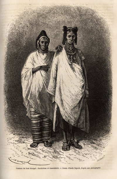 Mulheres sarakolesas e kassonkese, populações do Alto Senegal, em trajes tradicionais. Gravura para ilustrar um cruzeiro na costa da África, pelo Vice-Almirante Fleuriot de Langle, em 1868, publicada em "Le tour du monde" 1872, editada por Edouard Charton de Unknown artist
