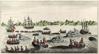 Cena da pesca da baleia na Gronelândia no século XVIII, impressão popular anónima do período de Unknown artist