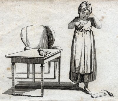 Uma estudante que quer fazer os trabalhos de casa. Gravura no final do século XVIII. Colecção privada. de Unknown artist