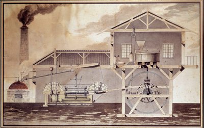 Ciência e tecnologia: "Uma máquina a vapor, cortando um moinho de farinha" Desenho de Edouard Bury. 1796. Paris, Conservatoire National des Arts et Metiers de Unknown artist