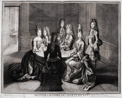 Segunda Sala dos Apartamentos (Versalhes): 1. Monsenhor, 2. Madame Princesa de Conty Dowager, 3. Monsieur le Duke de Bourbon, 4. Madame Duquesa de Bourbon, 5. Monsieur de Vandôme, Grande Prior da França. Gravura de Trouvain, início do século XVIII. de Unknown artist