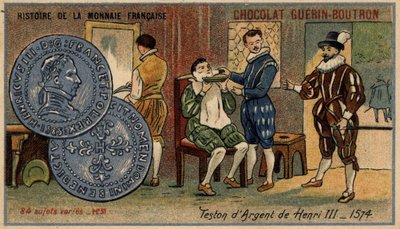 Série Histoire de la Monnaie Française publicada pelo Chocolat Guérin Boutron. Cromolitografia do século XIX. Teston de prata de Henrique III. 1574 de Unknown artist