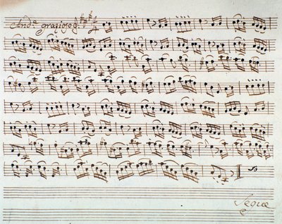 Página de música para o primeiro violino na abertura de Mithridate, Rei da Pont, ópera de Mozart (1770) de Unknown artist