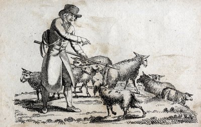 Pastor com o seu rebanho de ovelhas. Gravura de finais do século XVIII. Colecção privada. de Unknown artist