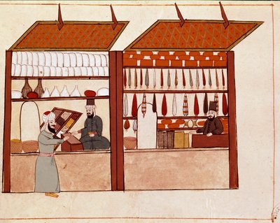 Lojas nas ruas de Constantinopla. Miniatura retirada de um manuscrito da Cicogna do século XIX (1828) depois de um original do século XVII (1671). Veneza, Biblioteca Marciana de Unknown artist