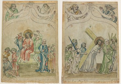 Folha única de uma "Biblia Pauperum": Cristo coroado de espinhos (reto) Cristo carregando a cruz (verso) de Unknown artist