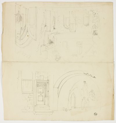 Esboços de porta, figuras, edifício com entrada lateral para a igreja (frente); esboço do pináculo (verso) de Unknown artist