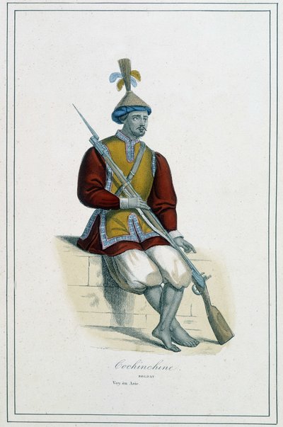 Soldado da Armadura de Cochinchinean - em "Os diferentes povos da terra" pelo Abade Paul Jonhanneaud, Librairie des Bons livres de Unknown artist