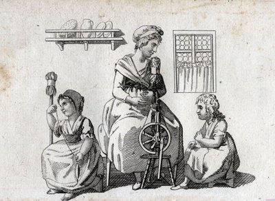 Giro: a mãe e as filhas a girar lã. A mulher usa uma roda giratória e sua filha usa um rabo de gato. Gravura de fim do século XVIII. Colecção privada. de Unknown artist