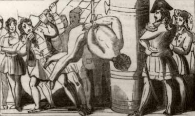 Spriggs içando a tripulação de uma escuna de Boston até a testa, e depois deixando-os cair no convés, c.1836. de Unknown artist