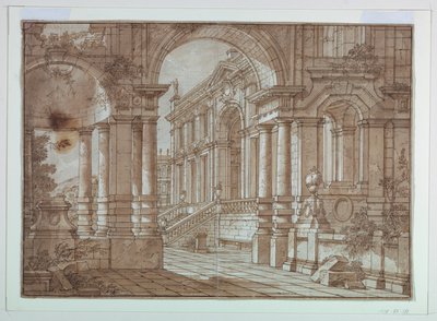 Design de palco, vista de um palácio de um terraço de Unknown artist