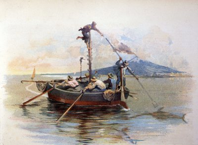 A pesca do espadarte arpão na Detroit de Messina, na Sicília. Aquarela de 1898 de Unknown artist