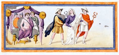 Talthybios e Eurybates levam a virgem Briseis perante Aquiles, que está de pé na tenda dos Mirmidones. Ilíada Canto I, v 345. Gravura do final do século XVIII. de Unknown artist