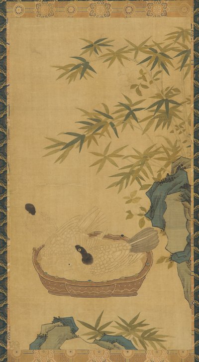 Tapeçaria: pombas tomando banho em uma tigela; rochas e bambus de Unknown artist