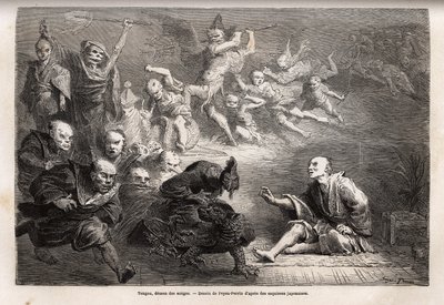 Tengu ou demônio dos sonhos, deus menor do folclore japonês, zoomorph, ele toma a forma de um corvo, dotado de poderes mágicos, é um tema popular de arte, teatro e literatura no Japão. Gravura para ilustrar a viagem ao Japão em 1863-1864, por Aim de Unknown artist