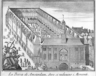 A Bolsa de Valores de Amesterdão, onde os comerciantes se reúnem. A gravura do século XVIII. de Unknown artist