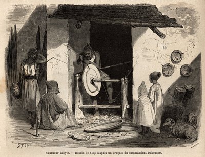 O Artisan Turner Kabyle na sua oficina faz um enorme apartamento de madeira que é usado para todos os fins, domésticos e agrícolas, em Kabylia (Argélia). Gravura para ilustrar a excursão ao grande Kabilie, entre o Mediterrâneo e o Djurjura, em 186 de Unknown artist