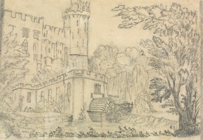A parte de trás de um grande castelo com roda d
