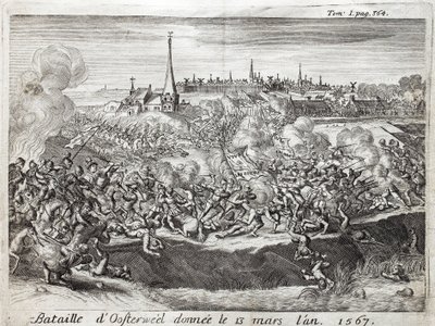 A Batalha de Oosterweel (Holanda, Holanda), realizada em 13 de março de 1567, o primeiro confronto da Guerra dos Oitenta (Oitenta) Anos (1567-1648). Gravura para ilustrar a "História da Guerra da Flandres", de Flamianus Strada, edição Joseph T