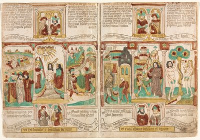 A Bíblia dos Pobres (Biblia Pauperum), O Exército do Faraó Afogou-se no Mar Vermelho; Batismo de Cristo; e os espiões de Moisés retornando com uvas de Canaã Esaú vendendo a Jacó seu direito de primogenitura; Tentação de Cristo; e Tentação de Adão e Eva de Unknown artist
