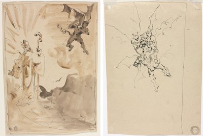 O Bispo e o Demônio (reto); Três Demônios Segurando um Cavaleiro (verso) de Unknown artist