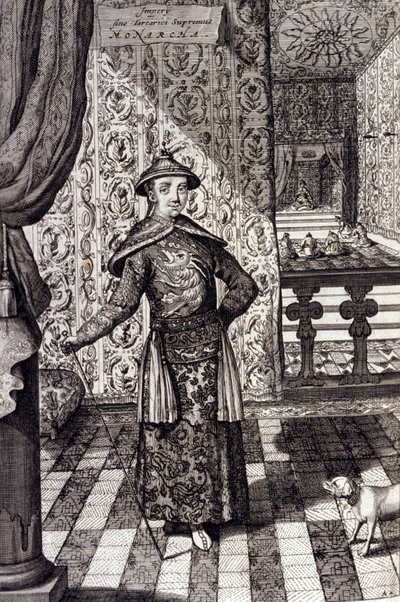 O Imperador chinês e Governante Supremo dos Tártaros - Imperador chinês Kangxi (1652-1722) Dinastia Qing, gravura de Athanasius Kircher (1601-1680) de "China Monumentis, qua sacris qua profanis" 1667 - Imperador chinês Kangxi (1652-1722) Dinastia Qing, de Unknown artist