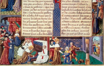 As virtudes cristãs (como a piedade e a devoção) do rei Luís IX (1214-1270) (São Luís): à esquerda o rei abraça o crucifixo, à direita recebe a Velha Montanha. Miniatura de um manuscrito "O Livro de Fatos de Monsenhor São Luís" 15t de Unknown artist