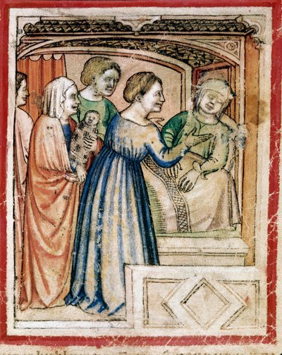 A morte de Raquel em camadas miniatura do Codex 212 (ou códice padovano ou Bíblia de Pádua) 1390-1400 Rovigo, Accademia dei Concordi de Unknown artist