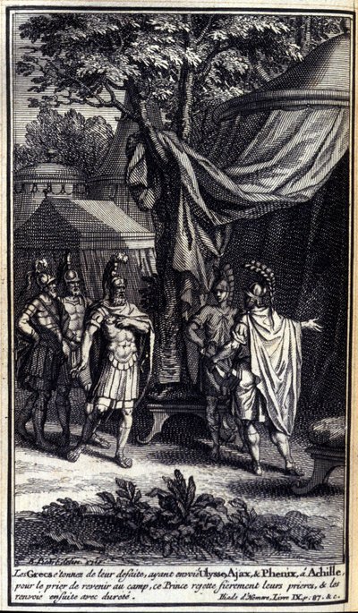 Os gregos, espantados com a sua derrota, enviaram Ulisses, Ajax e Phénix para Aquiles para rezar para que ele voltasse ao acampamento. Este príncipe rejeita orgulhosamente as suas orações e depois manda-os de volta com força. Ilustração do livro IX da Ilía de Unknown artist