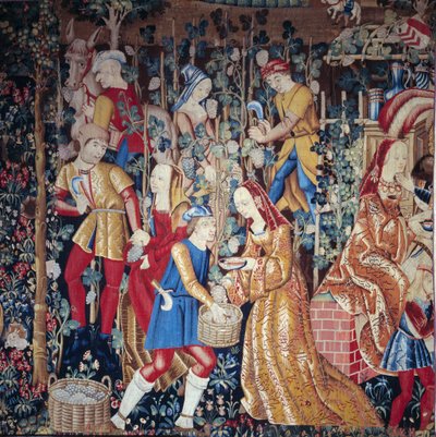 Os camponeses da vindima a prensar uvas. Detalhe. A tapeçaria de lã e seda. O início do século XVI. Paris, Museu Nacional da Idade Média, Termas de Cluny. de Unknown artist