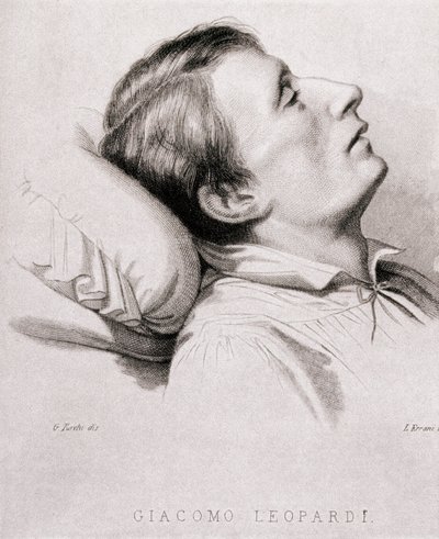 O poeta italiano Giacomo Leopardi (1798-1837) em seu leito de morte. Gravura do século XIX de Unknown artist
