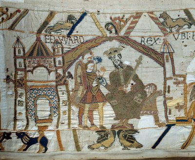 O Rei de Inglaterra Eduardo o Confessor instrui Haroldo a ir e confirmar ao Duque da Normandia Guilherme o Conquistador (1027-1087) que ele será seu sucessor ao trono da Inglaterra Detalhe da Tapeçaria de Bayeux ou Bordado da Rainha Mathilde de Unknown artist
