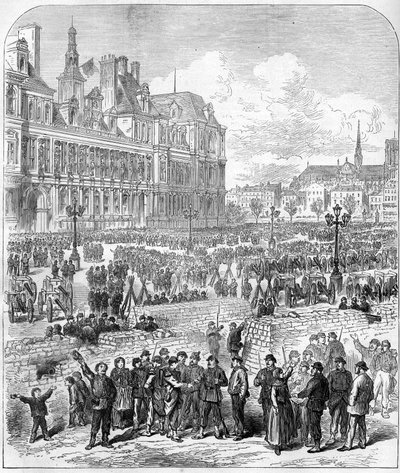 A Comuna de Paris, em 1871. Barricadas e parque de artilharia dos Federes (Communards), Place de l