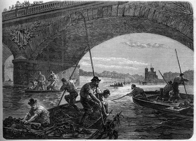 A Comuna de Paris, em 1871. A pesca de armas atiradas para o Sena sob a ponte Austerlitz pelos Federes (comunas), no momento do debate final da comuna. de Unknown artist
