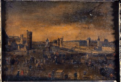 O Pont-Neuf, visto da entrada da Place Dauphine, o Hôtel de Nevers, a Tour de Nesle, a Grande Galerie, com a Porte Neuve, e o Louvre, cerca de 1640, actuais 1º e 6º arrondissements, entre 1635 e 1645 (óleo sobre tela) de Unknown artist