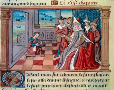 O navegador veneziano Marco Polo (1254-1324) em frente ao grande Qubilai (Kubilai Khan, primeiro imperador da dinastia Yuan mongol (1215-1294). Miniatura tirada de "O Livro das Maravilhas" ("Devisement du monde", "Il Milione") por Marco Polo (1254 de Unknown artist
