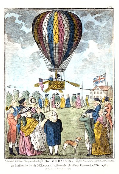 "O balão de ar enquanto subia com o Sr. Lunardi do terreno de artilharia, 15 de setembro de 1784 de Unknown artist