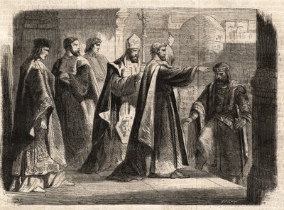 O arcebispo Santo Ambrósio de Milão (Aurelius Ambrosius, Ambrogio di Milano (340-397) proibiu a entrada da igreja ao imperador romano Teodósio I (Flavius Theodosius) (347-395) para puni-lo pelo massacre de Tessalônica em 390 - Excommunicati de Unknown artist