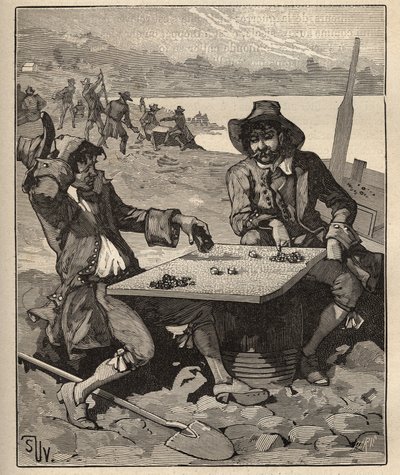 A arte do lapidário: inventores das minas de diamantes do Brasil no início do século XVIII. Os que buscam ouro estão jogando com cristais como fichas sem saber que são diamantes reais. Gravura de 1885 em "Les arts et metiers illustres", de Adolphe. de Unknown artist